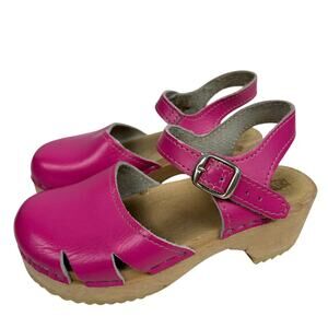 Kids Swedish Pink Leather Silver Buckle Wooden Sole Clogs 13